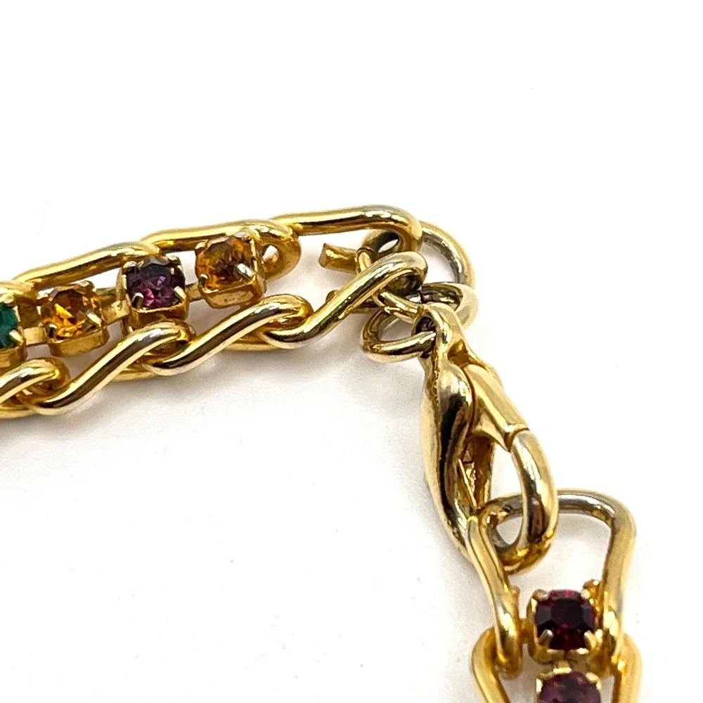 Vintage Rainbow Crystal Rhinestone Multicolor Gold Tone Chain Link Bracelet 6.5